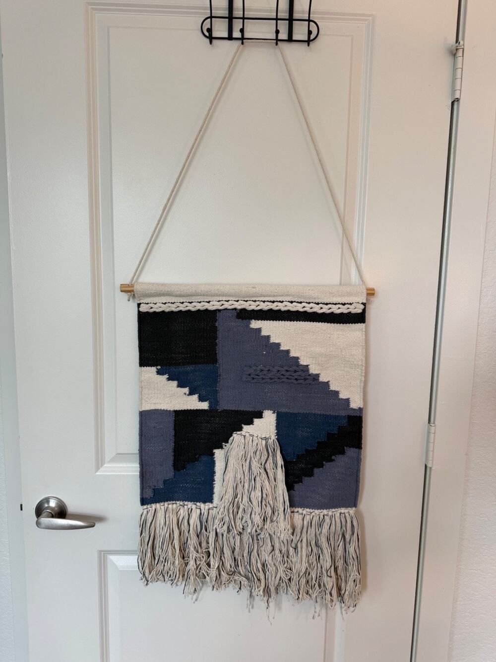Boho Wall Hanging Blue Black White Cotton Woven Geometric